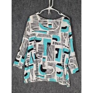 JM Collection Woman 3X Abstract Print Tunic Top 3/4 Sleeve Teal Black Modern